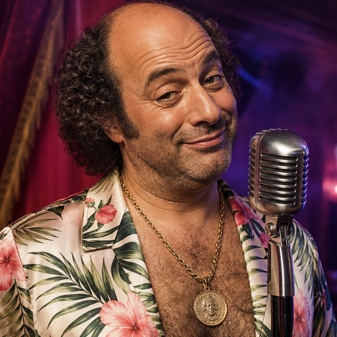 Chuck in his Hawaiian shirt at a vintage microphone