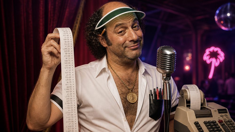 Chuck as a 1970s accountant in a green visor holding adding-machine tape at his microphone