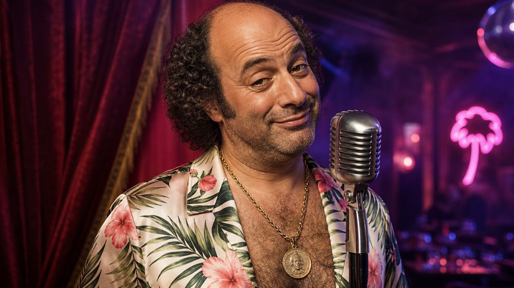 Chuck the Announcer in his Hawaiian shirt at a vintage microphone