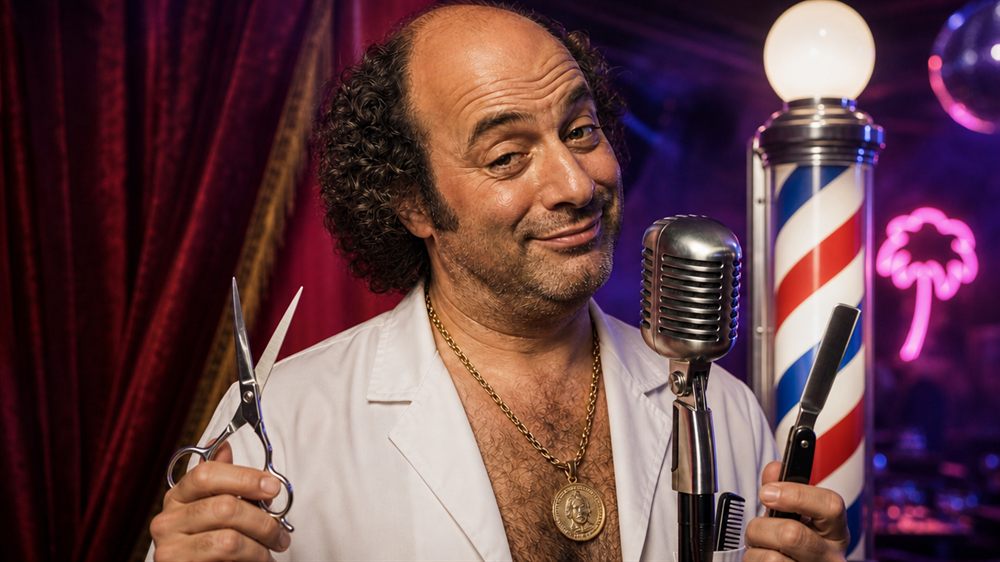 Chuck as an old-school barber holding scissors beside a barber pole and his microphone