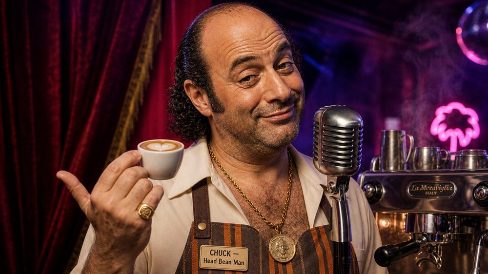 Chuck dressed as a barista at his microphone