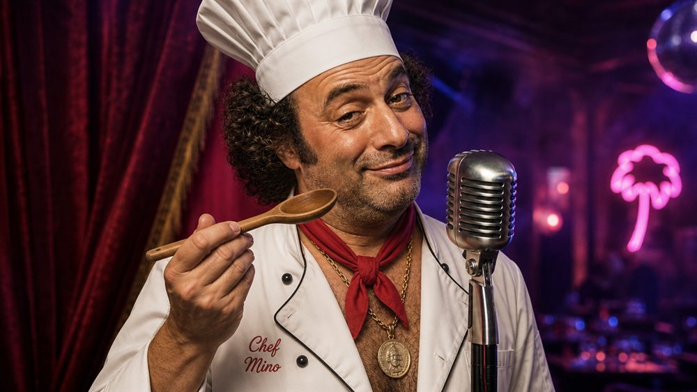 Chuck in a chef's hat and whites at his microphone