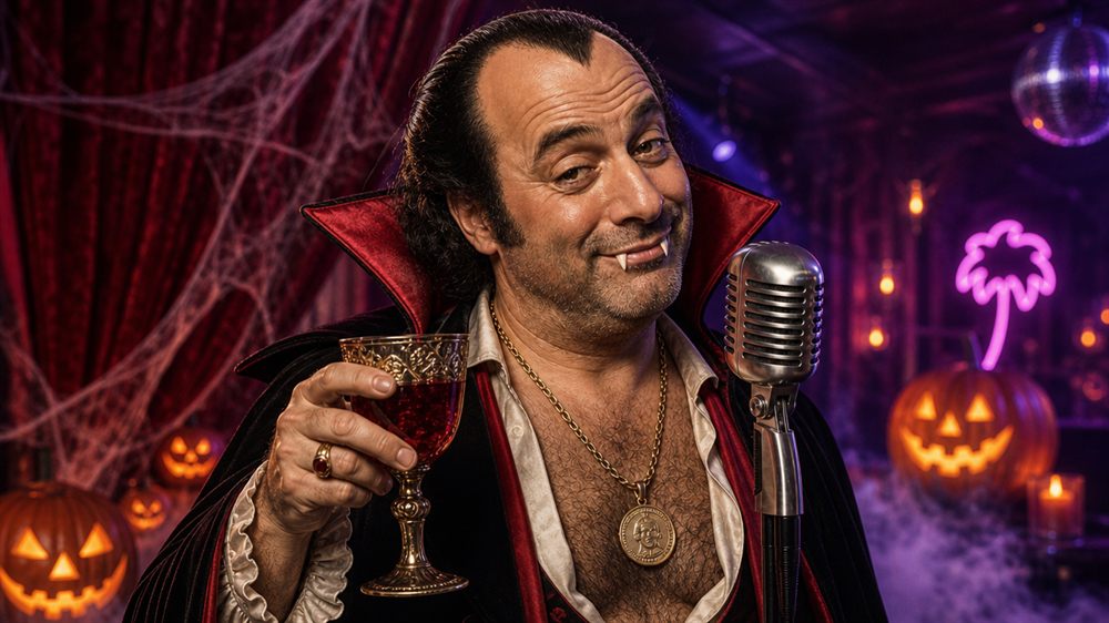 Chuck dressed as a vampire count with a goblet, surrounded by jack-o'-lanterns