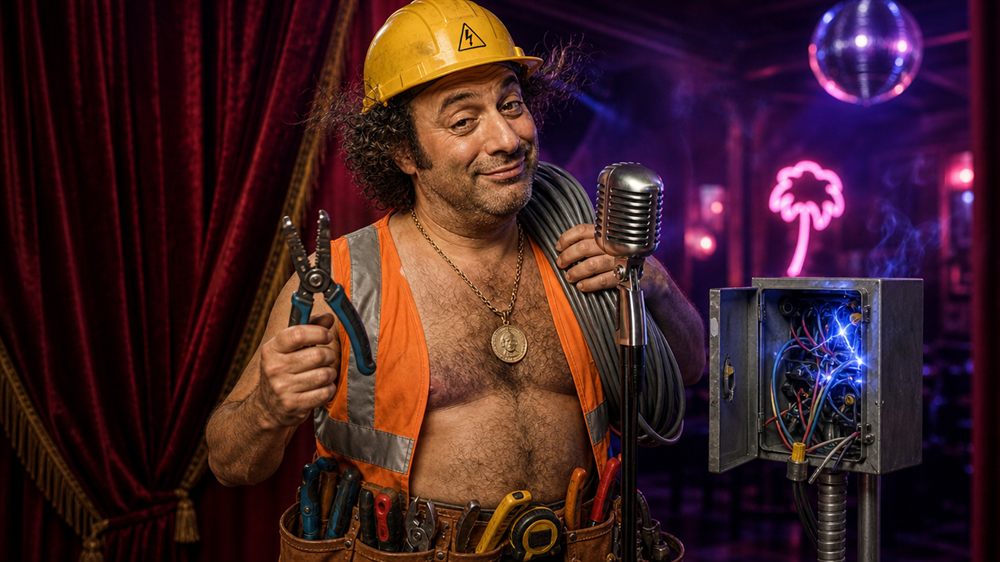 Chuck as an electrician in a hard hat and tool belt, sparks popping beside his microphone