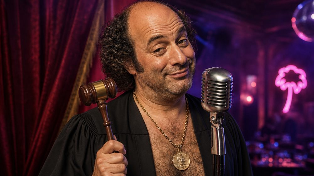 Chuck in judge's robes holding a gavel next to his microphone