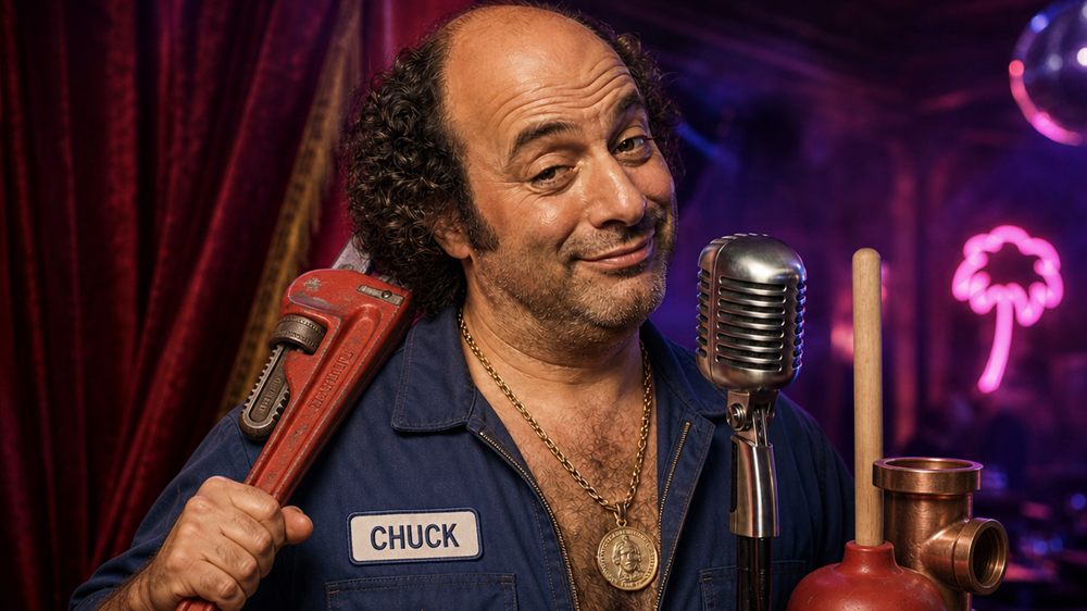 Chuck as a 1970s plumber with a pipe wrench on his shoulder at his microphone