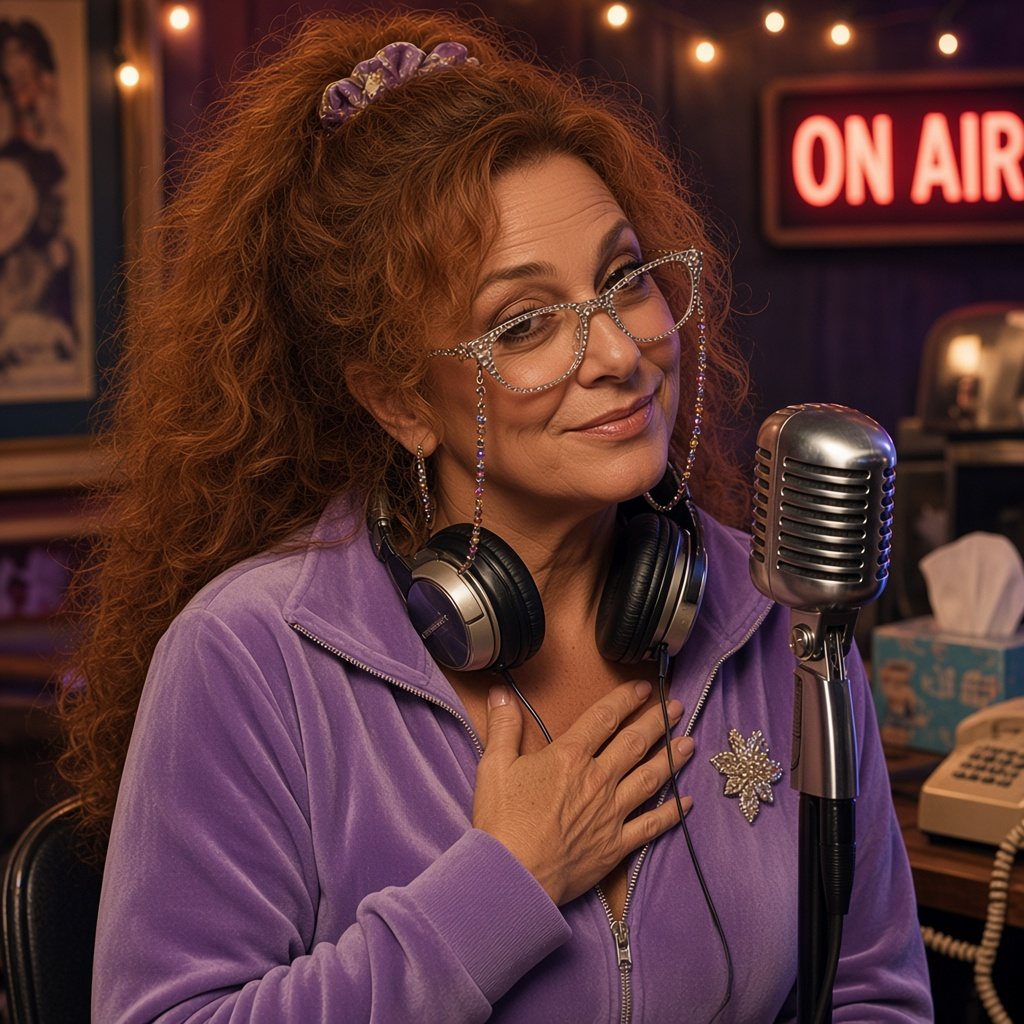 Honey Hollis in a lavender velour tracksuit and sparkly glasses at her radio microphone, ON AIR sign glowing